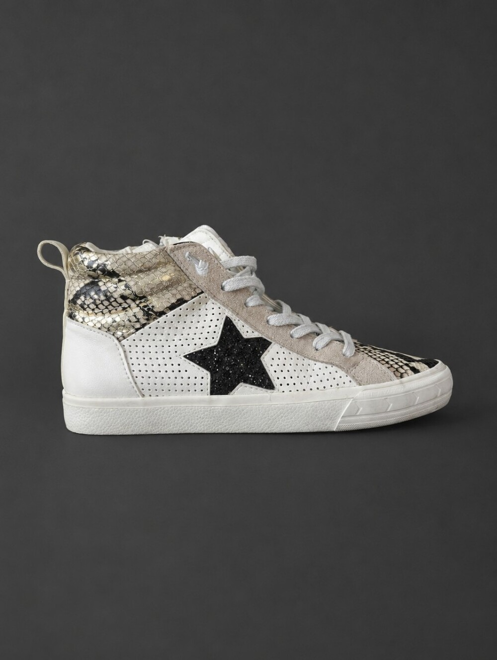 Women's White High-Top Sneaker with Black Star and Gold Accent